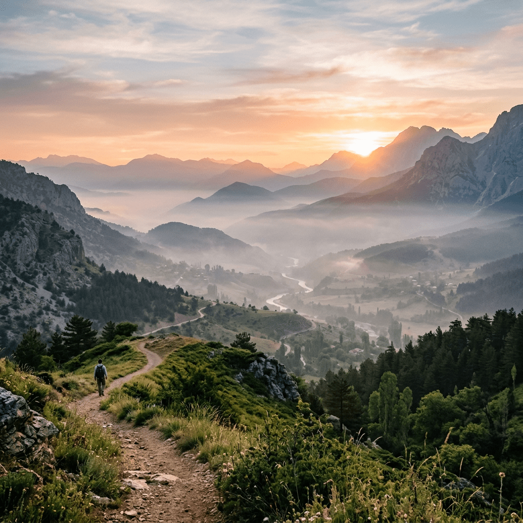 Hiker on a mountain trail with sun rising over misty peaks and valleys